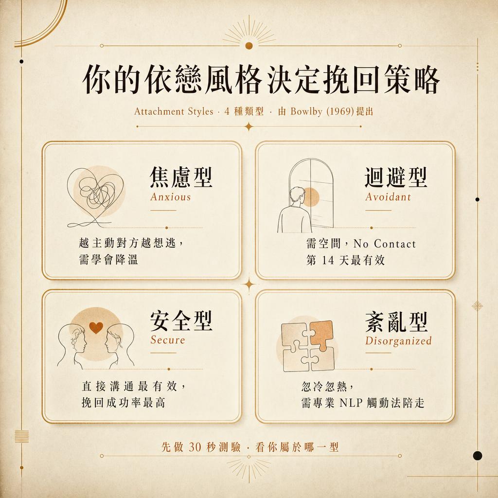 依戀風格 4 類型對照圖：焦慮型 / 迴避型 / 安全型 / 紊亂型