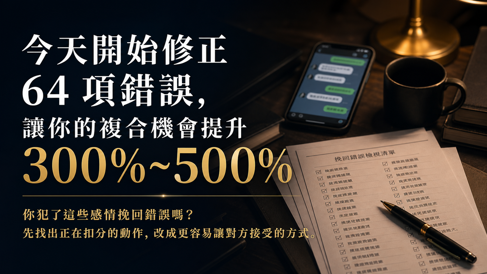 今天開始修正 64 項錯誤,讓你的複合機會提升 300%~500%。你犯了這些感情挽回錯誤嗎?先找出正在扣分的動作,改成更容易讓對方接受的方式。