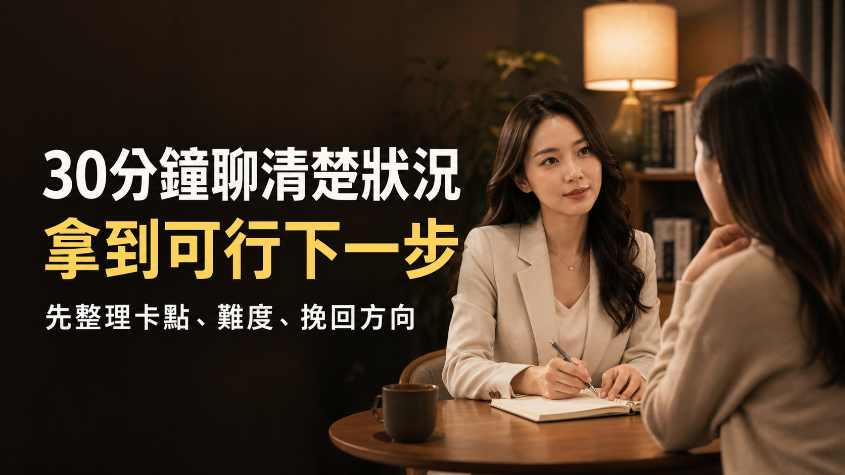30分鐘聊清楚狀況，拿到可行下一步。先整理卡點、難度、挽回方向。